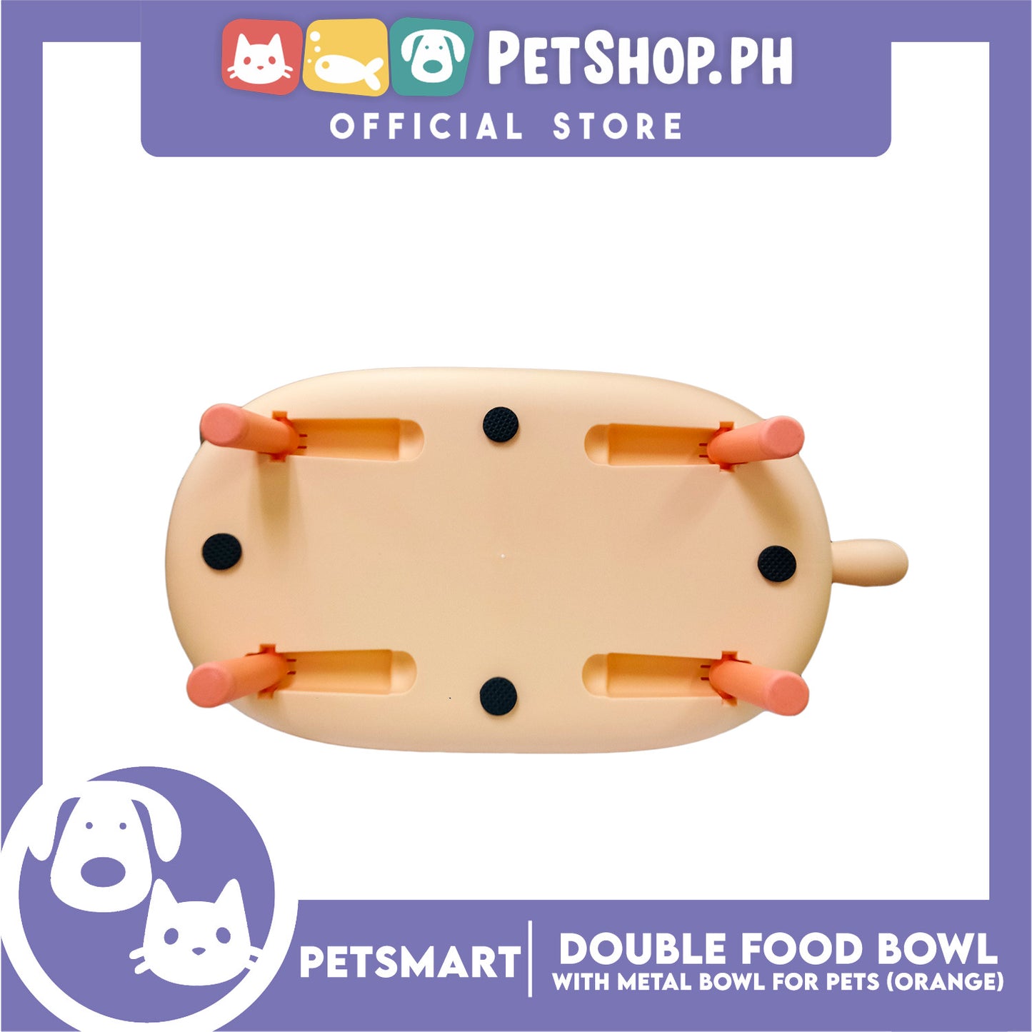 Pet Double Food Bowl With Metal Bowl (Orange) Cute Animal Design