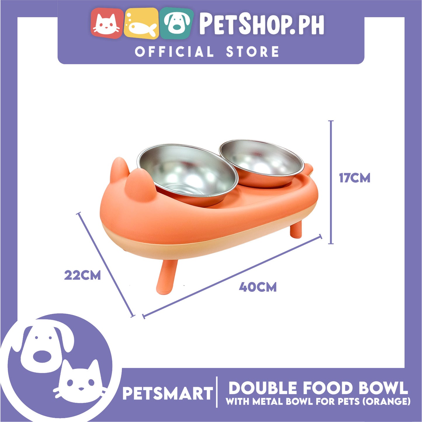Pet Double Food Bowl With Metal Bowl (Orange) Cute Animal Design