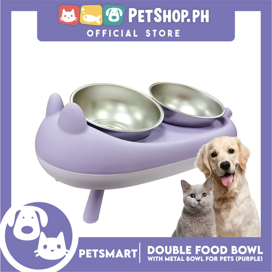 Pet Double Food Bowl With Metal Bowl (Purple) Cute Animal Design