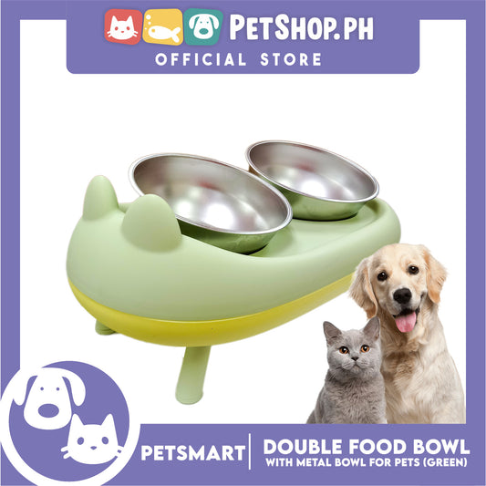 Pet Double Food Bowl With Metal Bowl (Green) Cute Animal Design