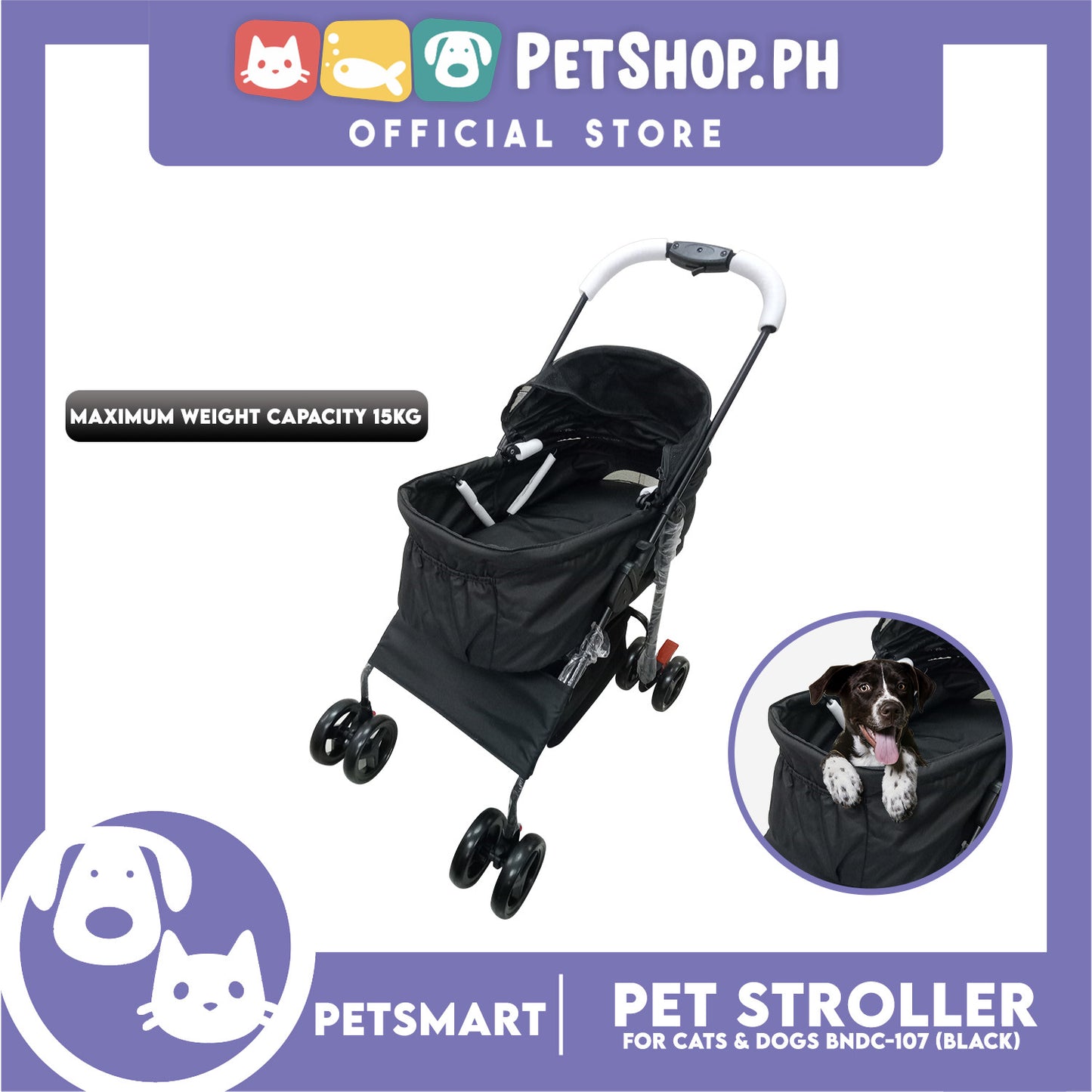 2-in-1 Detachable and Foldable Pet Cat & Dog Stroller Pet Carrier Trolley (Black) BNDC-107