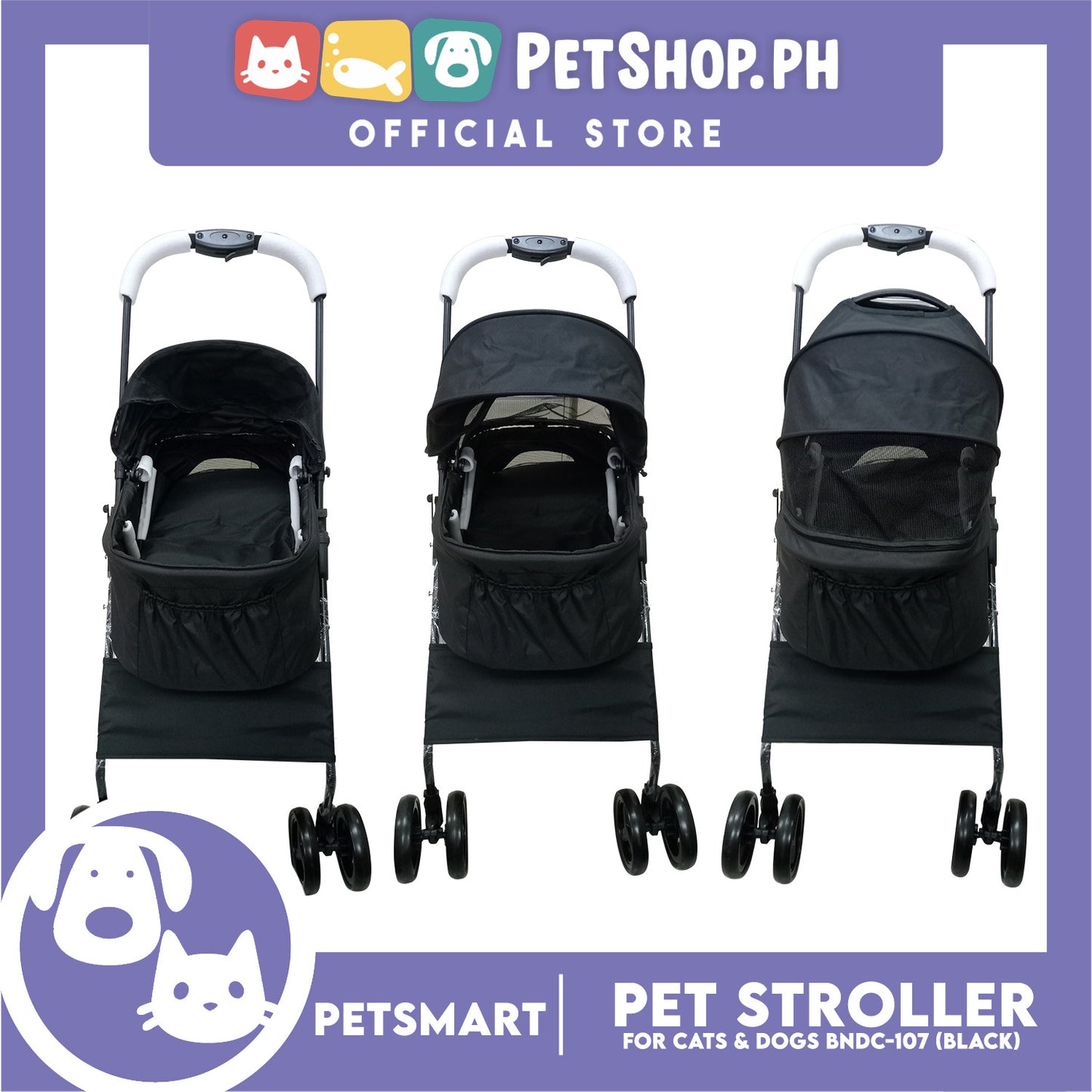 2-in-1 Detachable and Foldable Pet Cat & Dog Stroller Pet Carrier Trolley (Black) BNDC-107