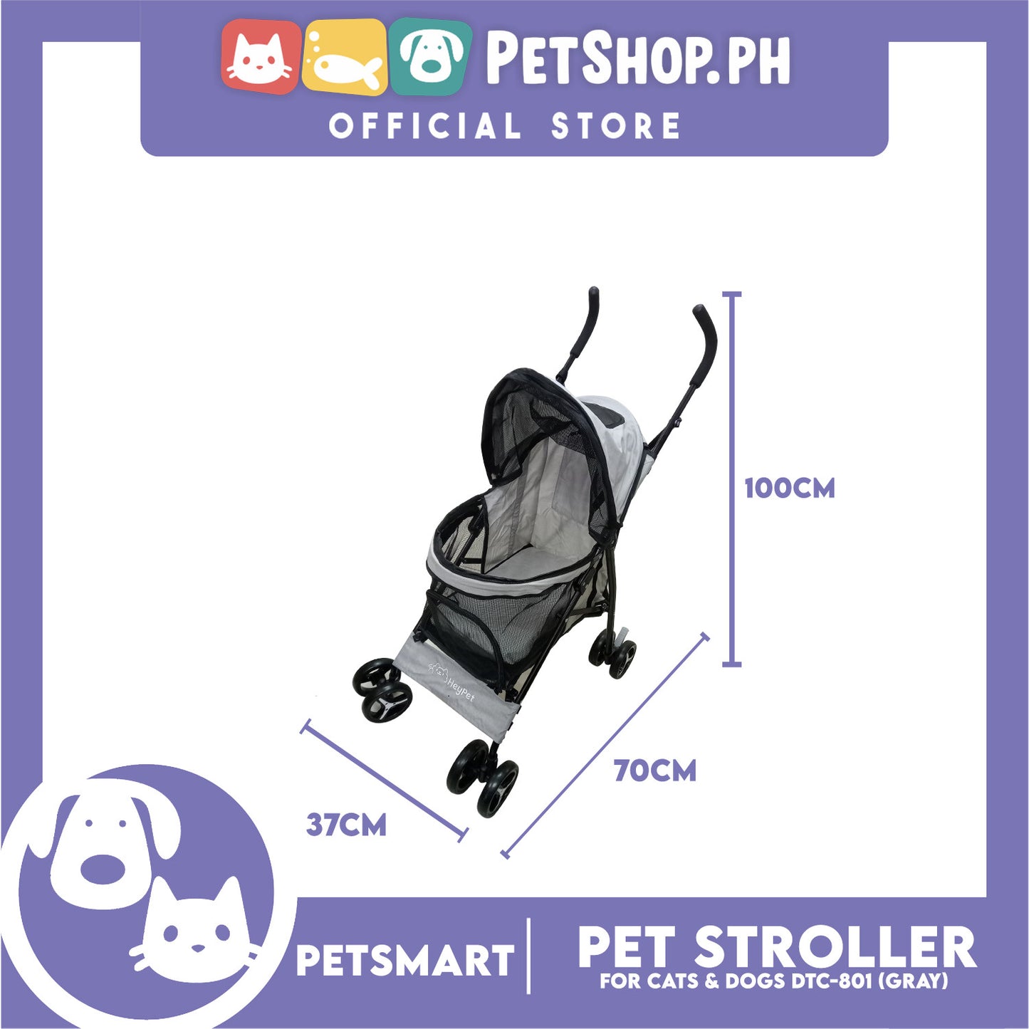 Pet Stroller / Carrier Four Wheel Foldable Stroller for Pet Cat & Dog Linen Fabric (Gray) DTC-801