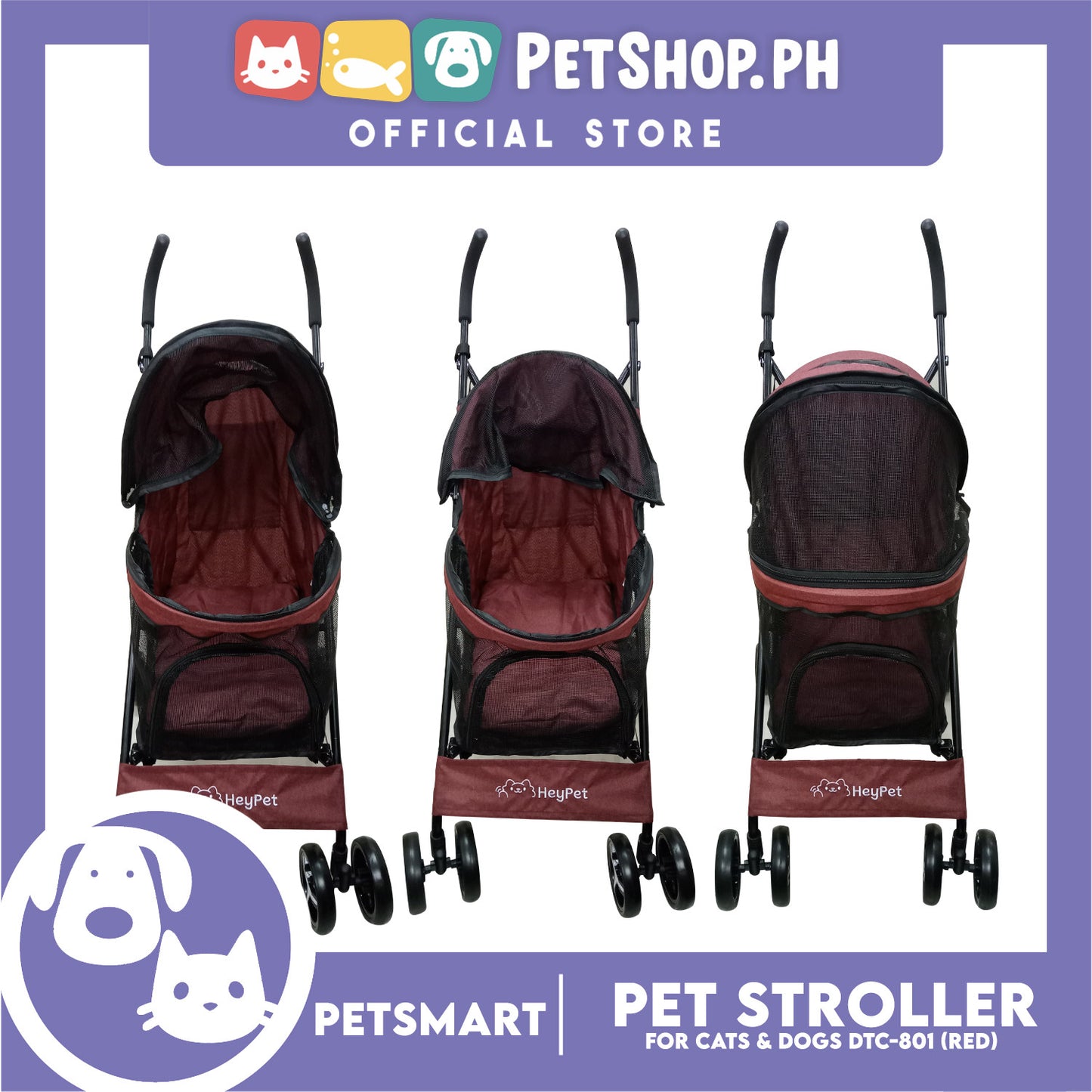 Pet Stroller / Carrier Four Wheel Foldable Stroller for Pet Cat &amp; Dog Linen Fabric (Red) DTC-801