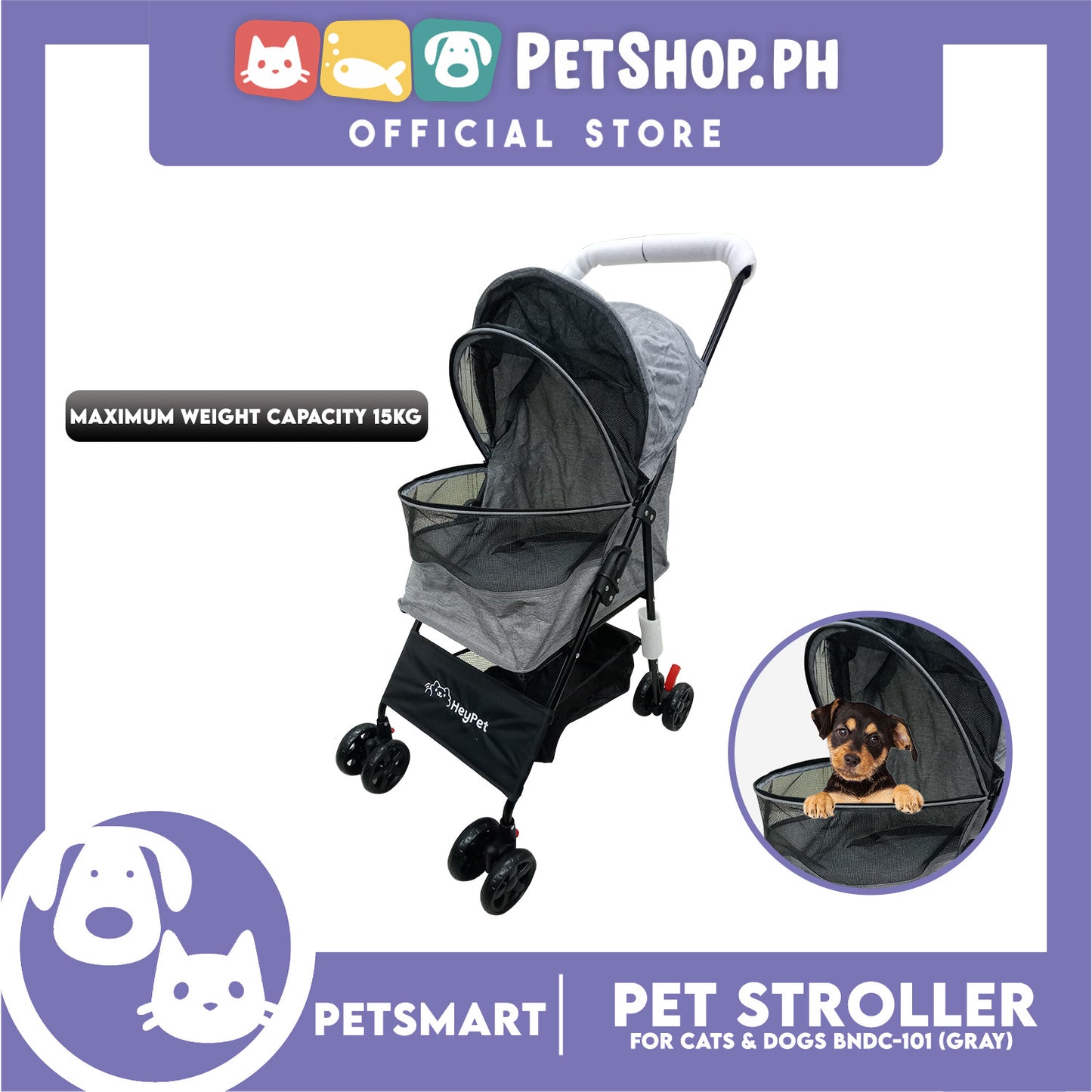 HeyPet Pet Stroller / Carrier Four Wheel Foldable Stroller for Pet Cat & Dog (Gray) BNDC-101