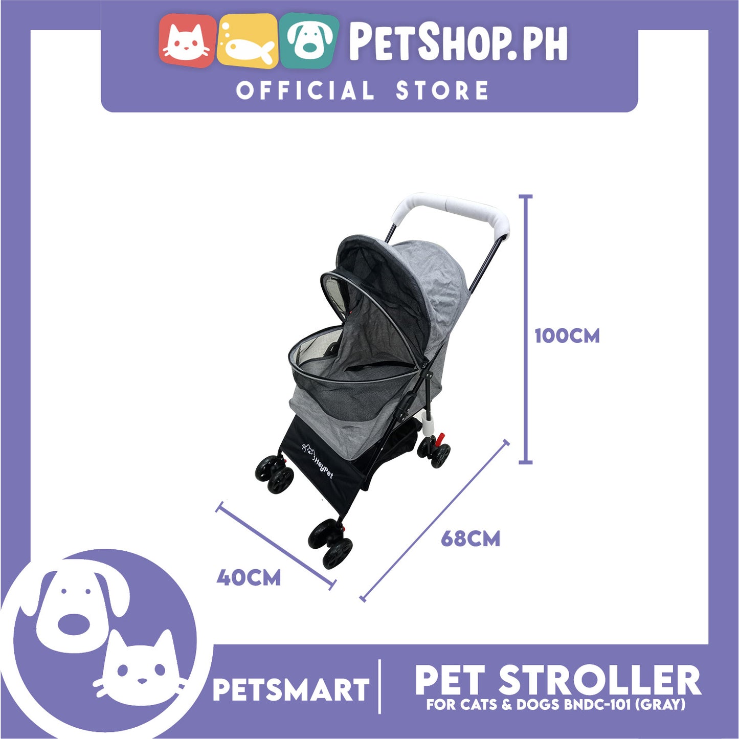 HeyPet Pet Stroller / Carrier Four Wheel Foldable Stroller for Pet Cat & Dog (Gray) BNDC-101