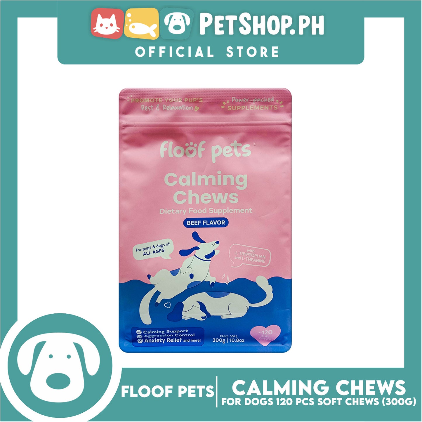 Floof Pets Calming Chews Dietary Food Supplement (Beef Flavor) for All Ages 300g 10.8 oz