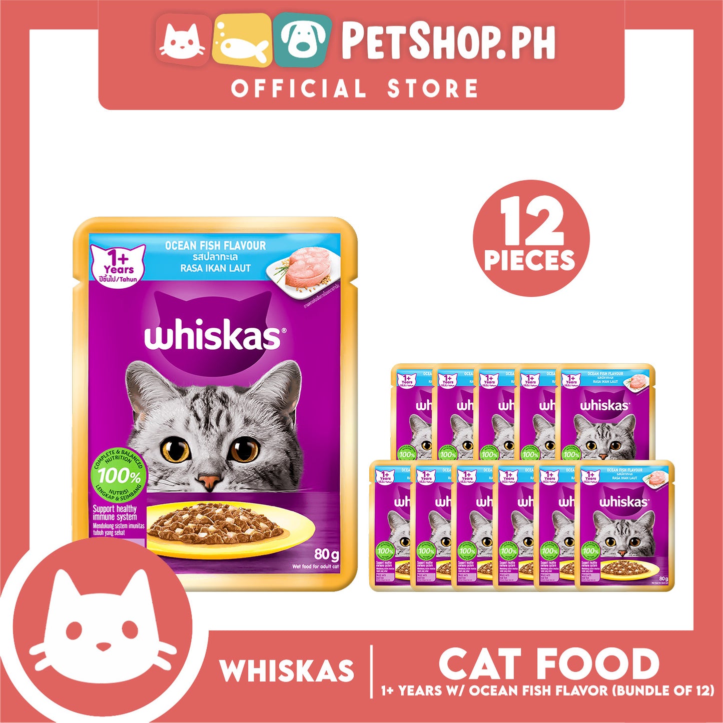 12pcs Whiskas Ocean Fish Pouch Wet Cat Food 80g