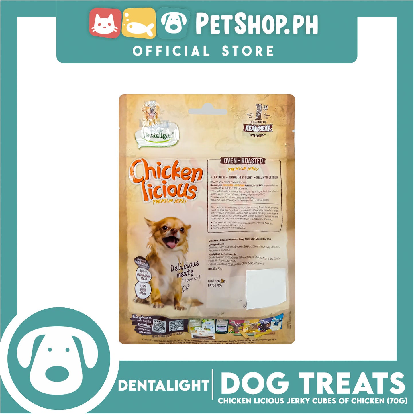Dentalight Chicken Licious Premium Jerky  (Cubes of Chicken) Oven-roasted 70grams
