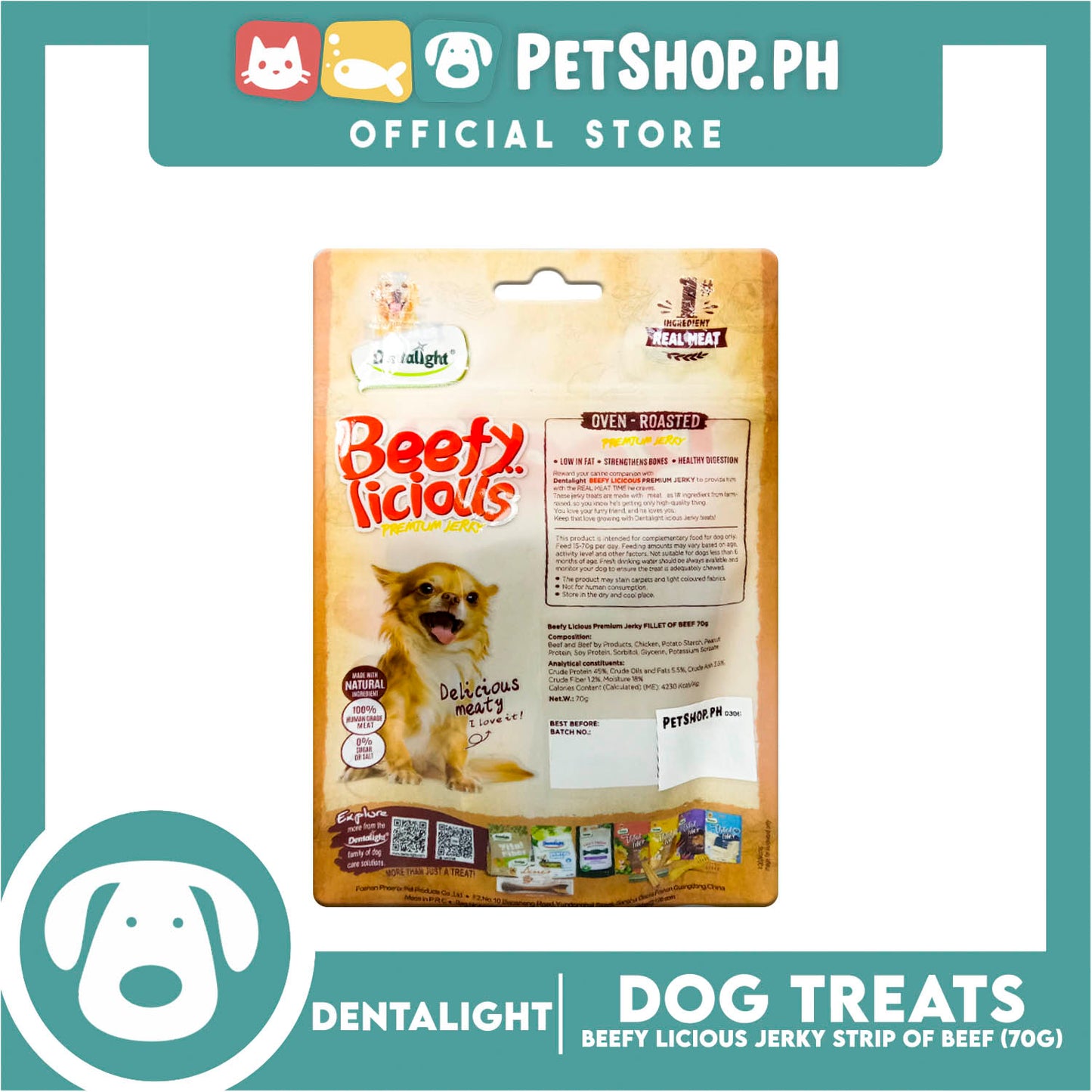 Dentalight Beefy Licious Premium Jerky  (Fillet of Beef) Oven-roasted 70grams