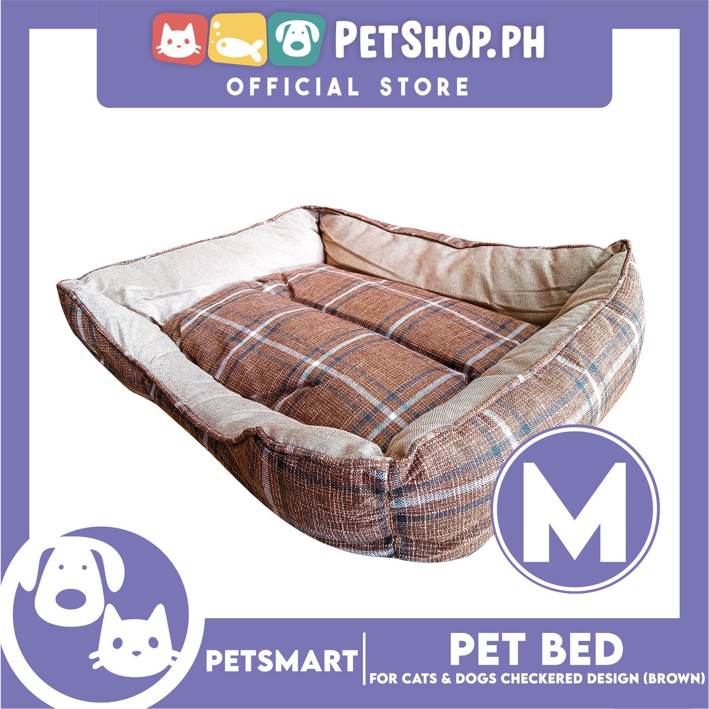 Pet Bed Soft and Comfortable Sleeping Bed (Medium) Checkered Brown for Cats and Dogs