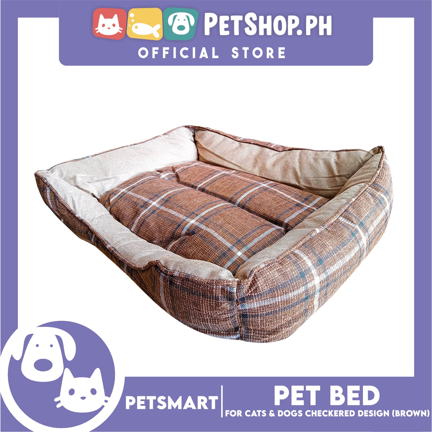 Pet Bed Soft and Comfortable Sleeping Bed (Medium) Checkered Brown for Cats and Dogs