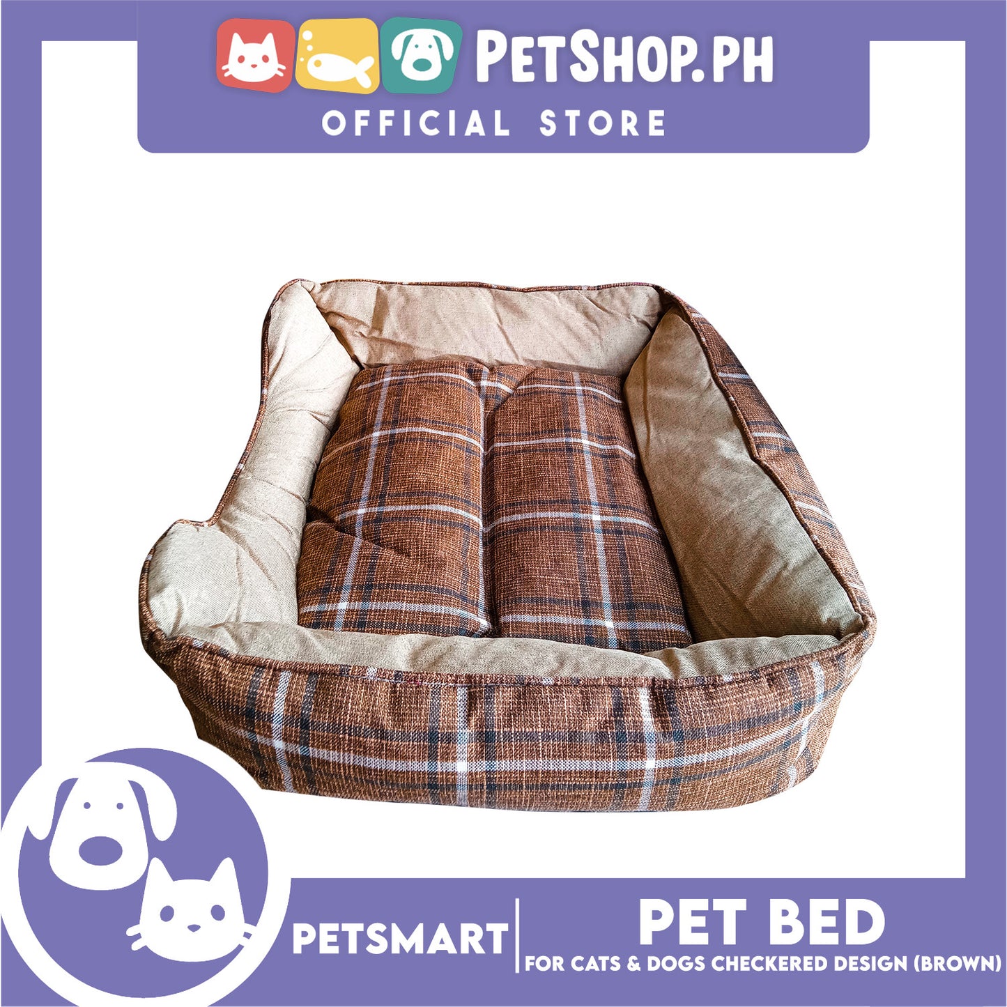Pet Bed Soft and Comfortable Sleeping Bed (Medium) Checkered Brown for Cats and Dogs