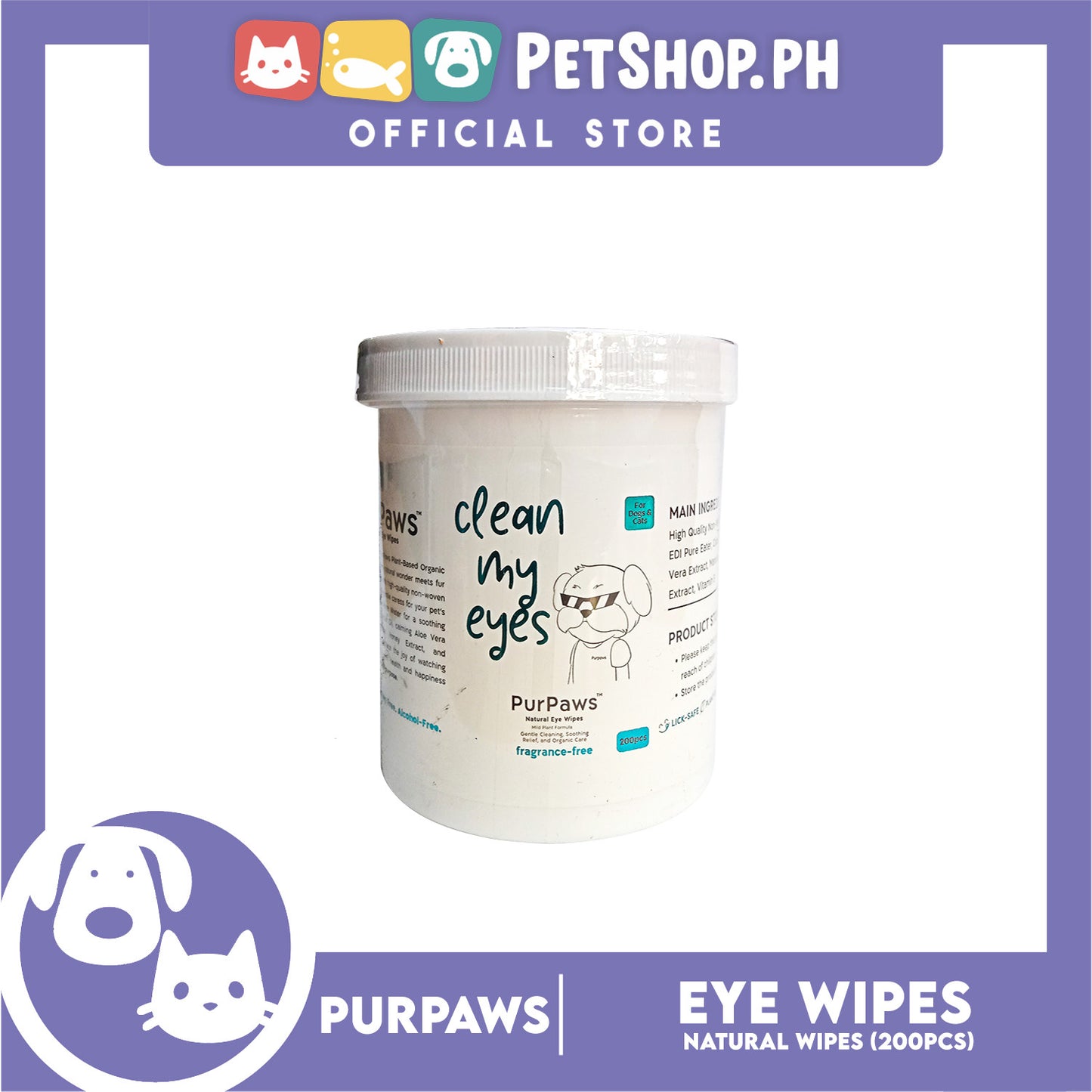 Purpaws Clean My Eyes Organic Pet Dog Cat Eye Wipes 200pcs Sheets Fragrance-Free