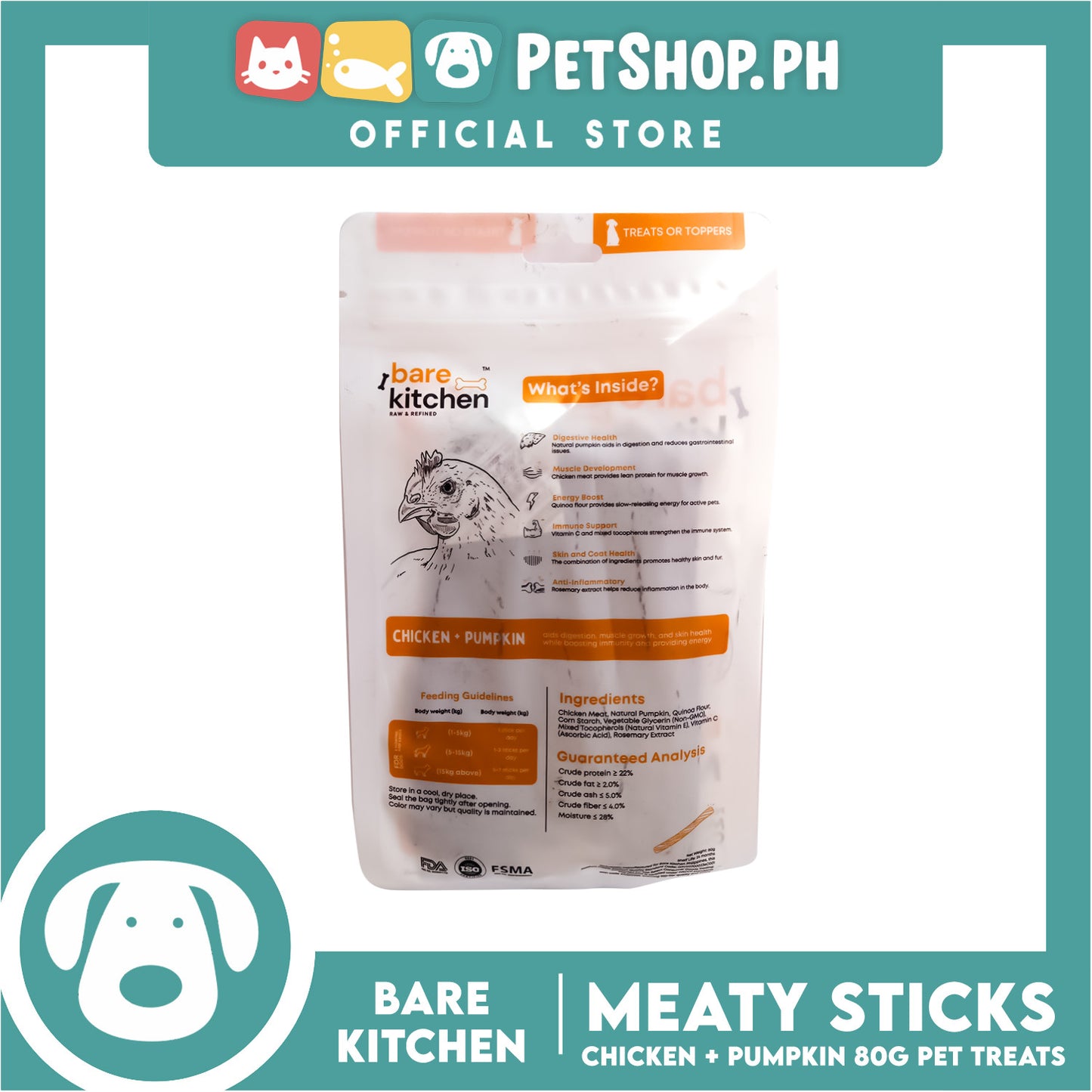Bare Kitchen Meaty Sticks (Chicken + Pumpkin) Premium Meat Cuts Pet Treats 80g