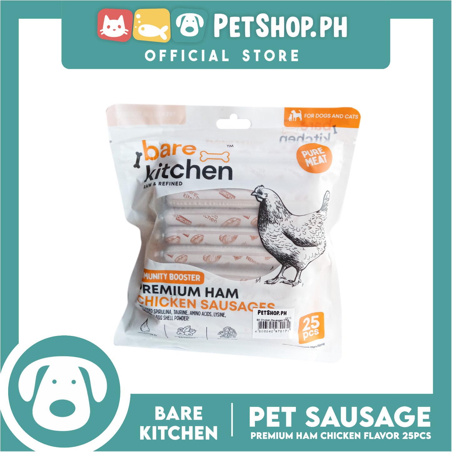 Bare Kitchen Premium Ham and Chicken Sausage Dog and Cat Food 25pcs/pack 375g