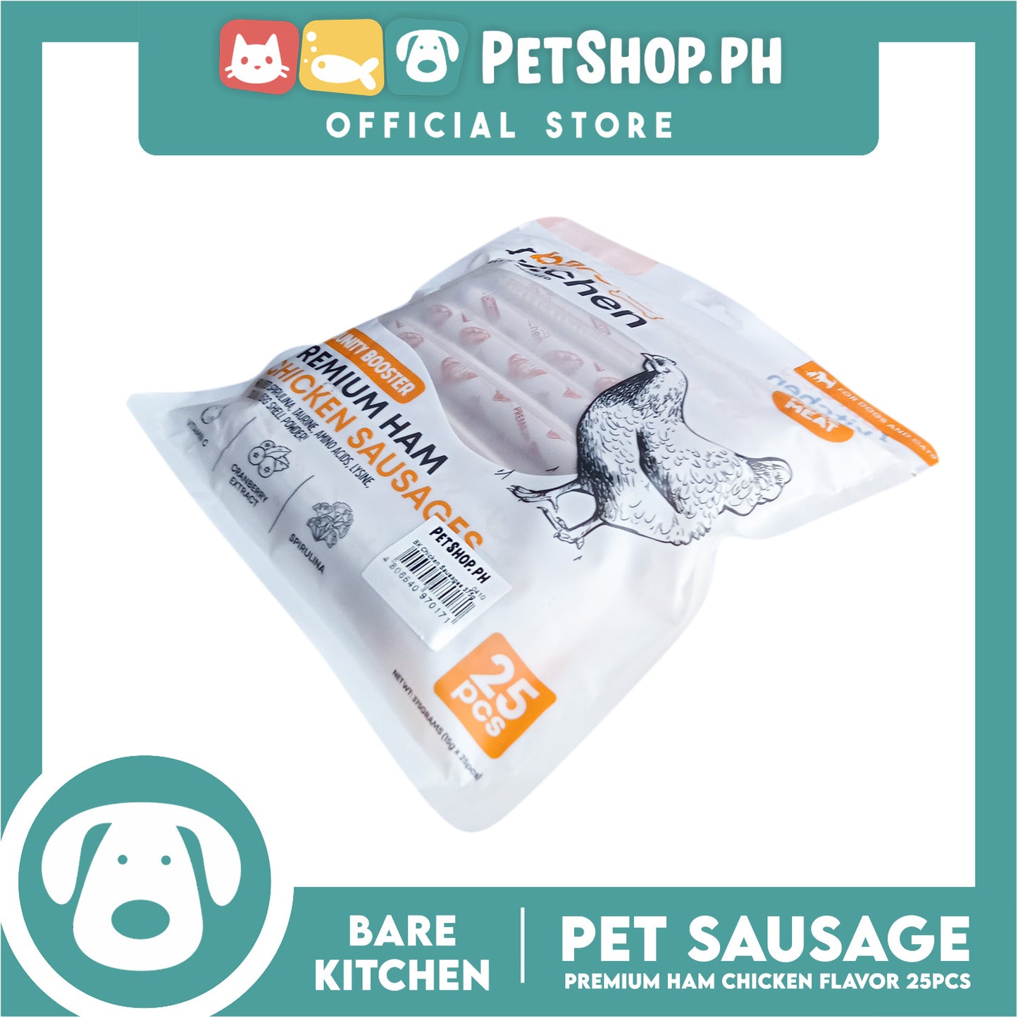 Bare Kitchen Premium Ham and Chicken Sausage Dog and Cat Food 25pcs/pack 375g