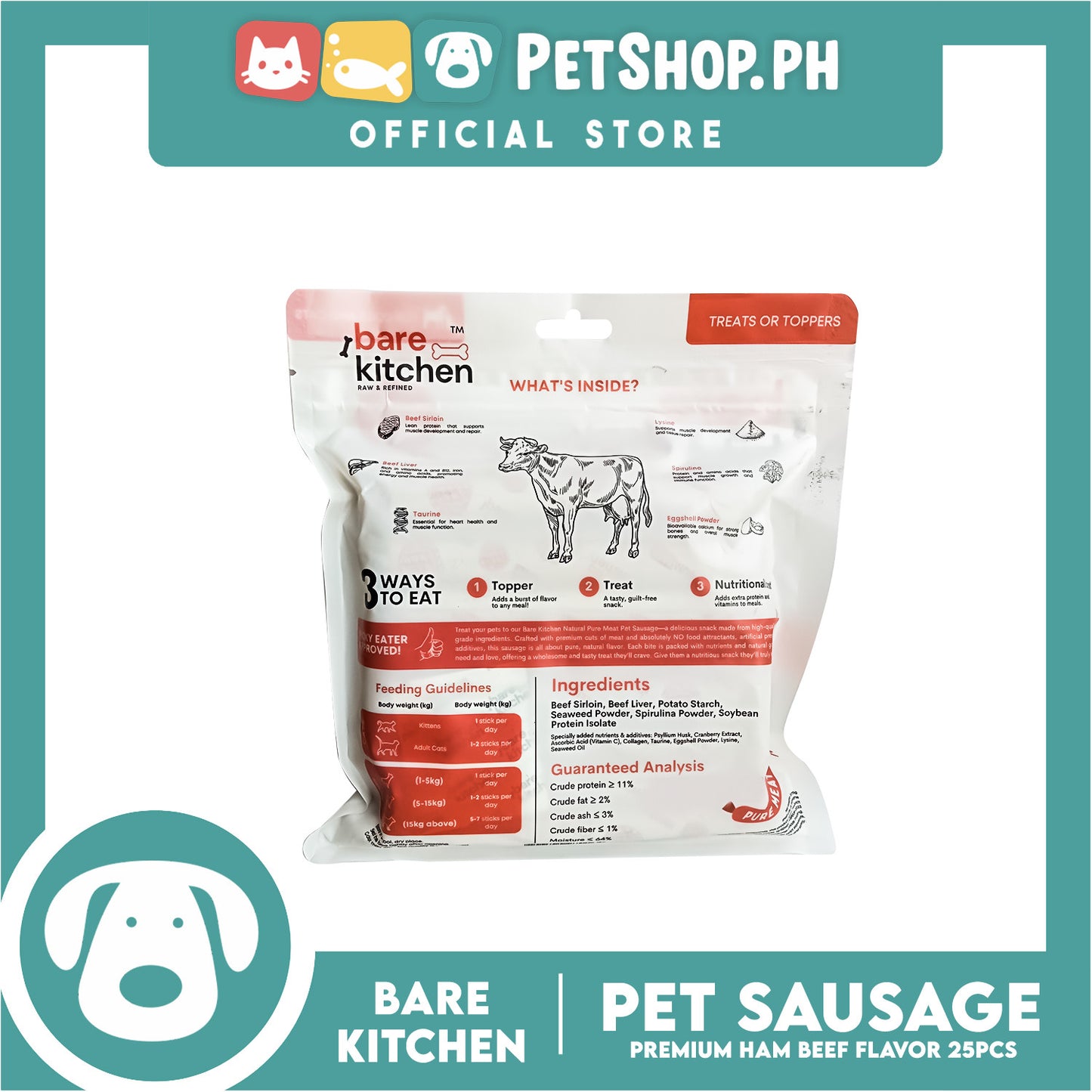 Bare Kitchen Premium Ham and  Beef Sausage Dog and Cat Food 25pcs/pack 375g