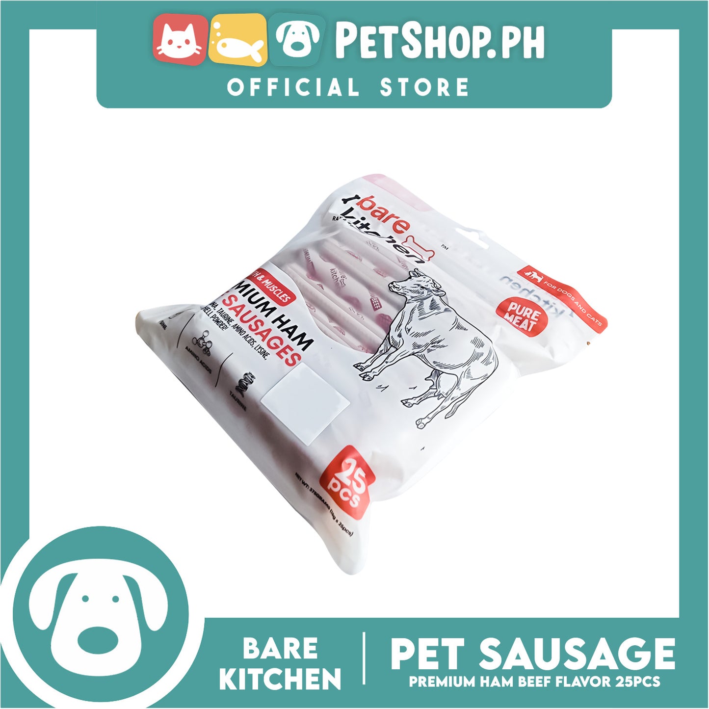 Bare Kitchen Premium Ham and  Beef Sausage Dog and Cat Food 25pcs/pack 375g