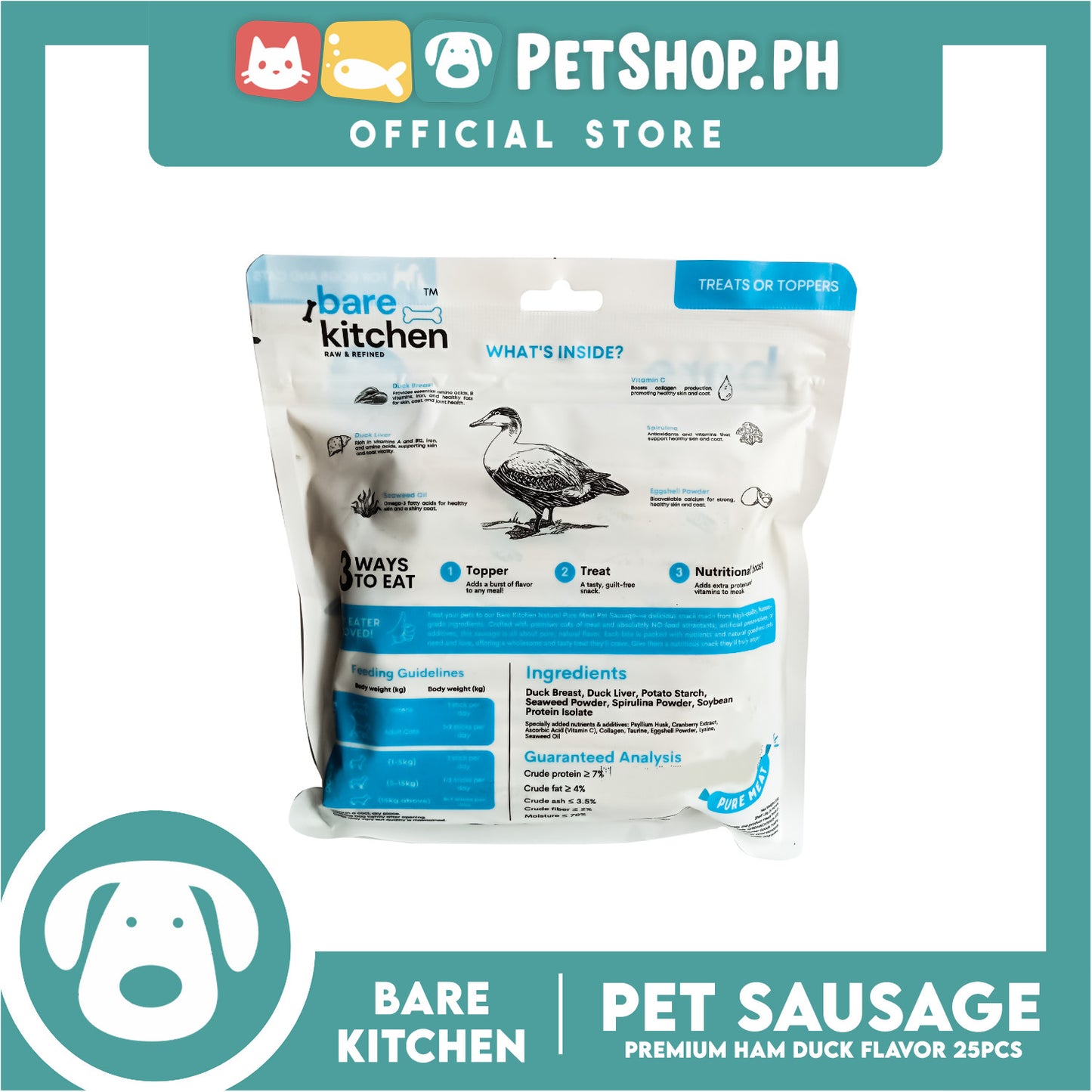 Bare Kitchen Premium Ham and Duck Sausage Dog and Cat Food 25pcs/pack 375g