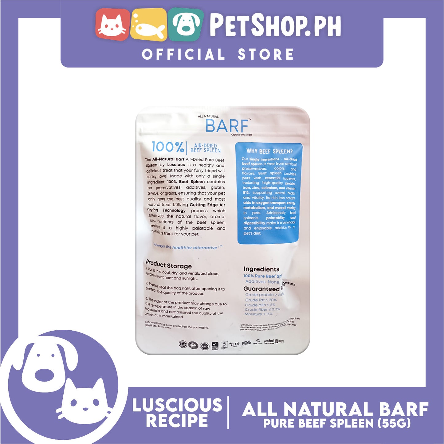 Luscious Recipe All Natural Barf Air Dried Slice (Beef Spleen) Pet Treats 45g