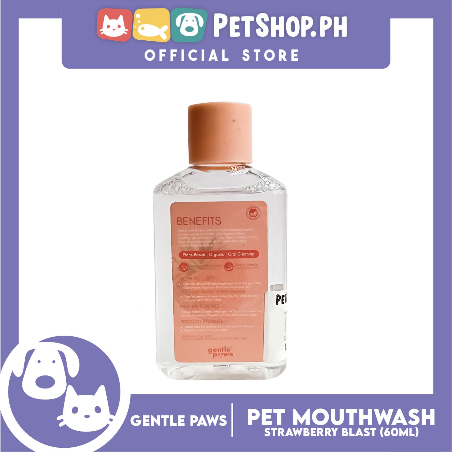 Gentle Paws Organic Plant Based Pet Mouthwash (Strawberry Blast) 60ml