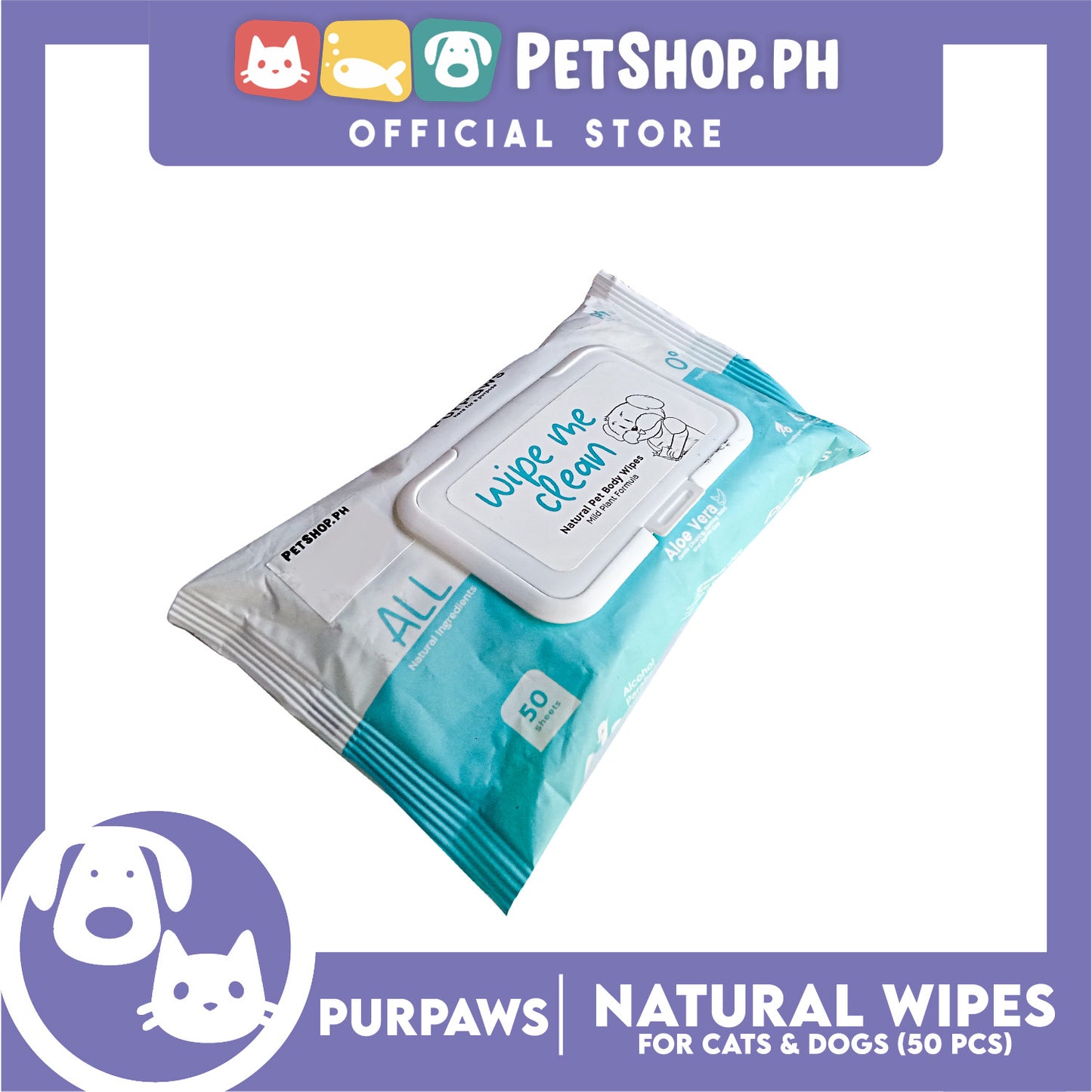 Purpaws Hypoallergenic Body Pet Wipes (Aloe Vera) for dogs and cat 50 sheets