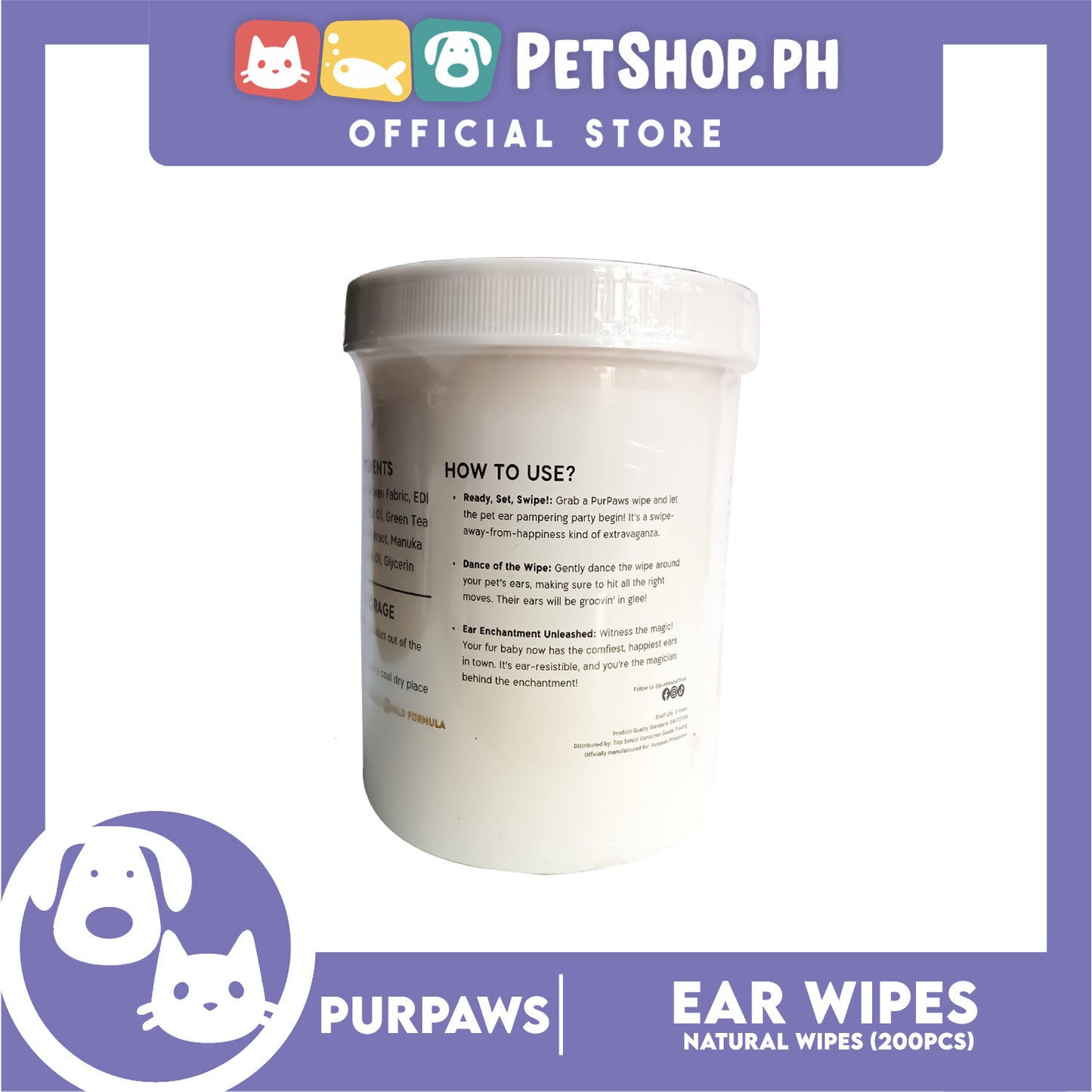 Purpaws Clean My Ears Organic Pet Dog Cat Eye Wipes 200pcs Sheets Fragrance-Free