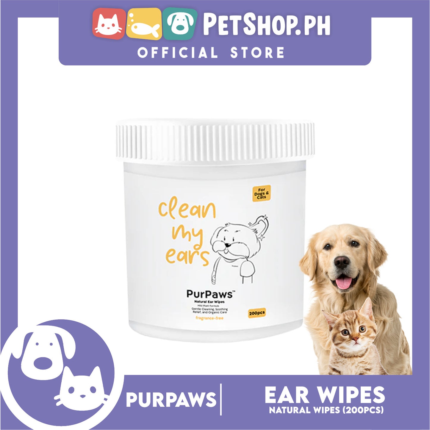 Purpaws Clean My Ears Organic Pet Dog Cat Eye Wipes 200pcs Sheets Fragrance-Free