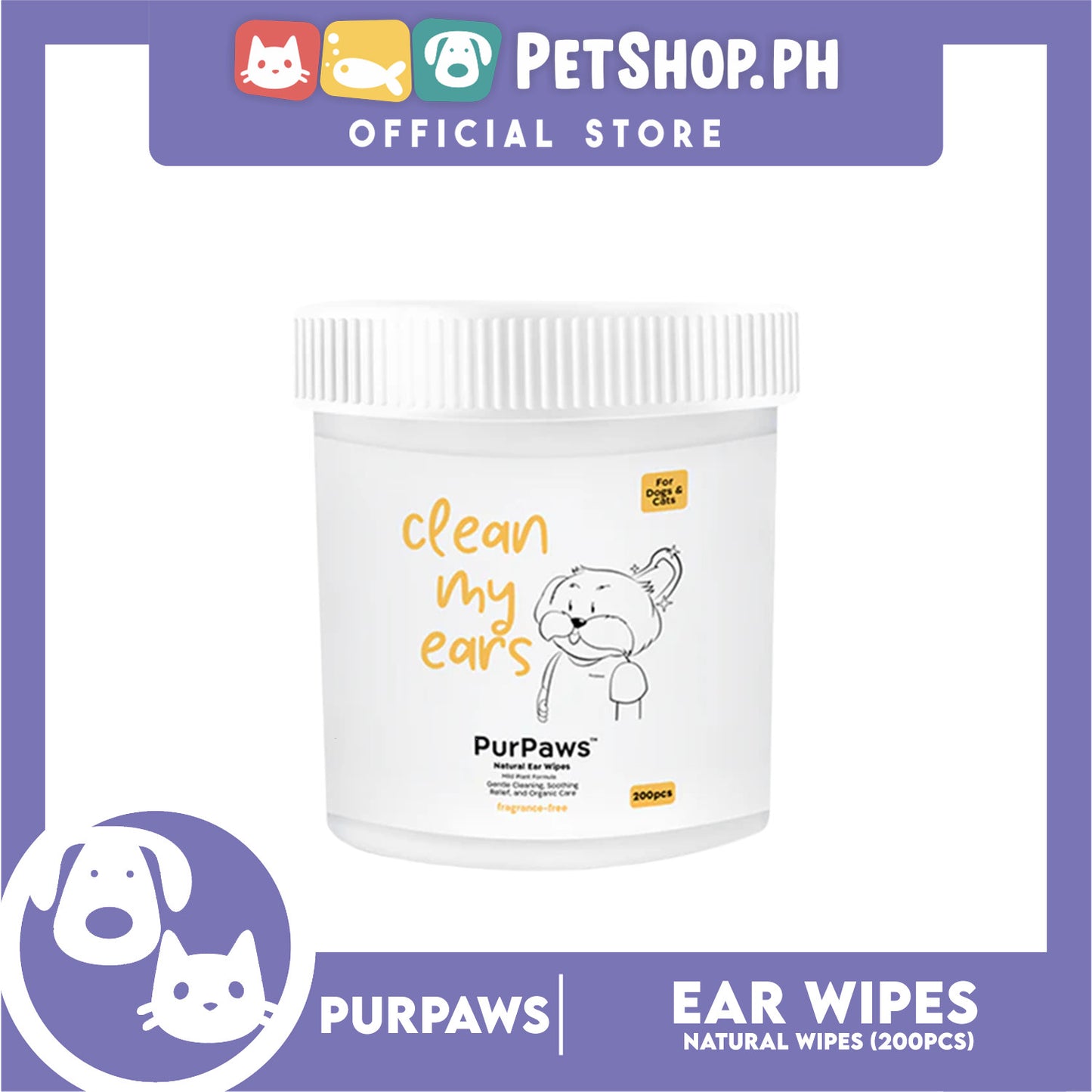 Purpaws Clean My Ears Organic Pet Dog Cat Eye Wipes 200pcs Sheets Fragrance-Free