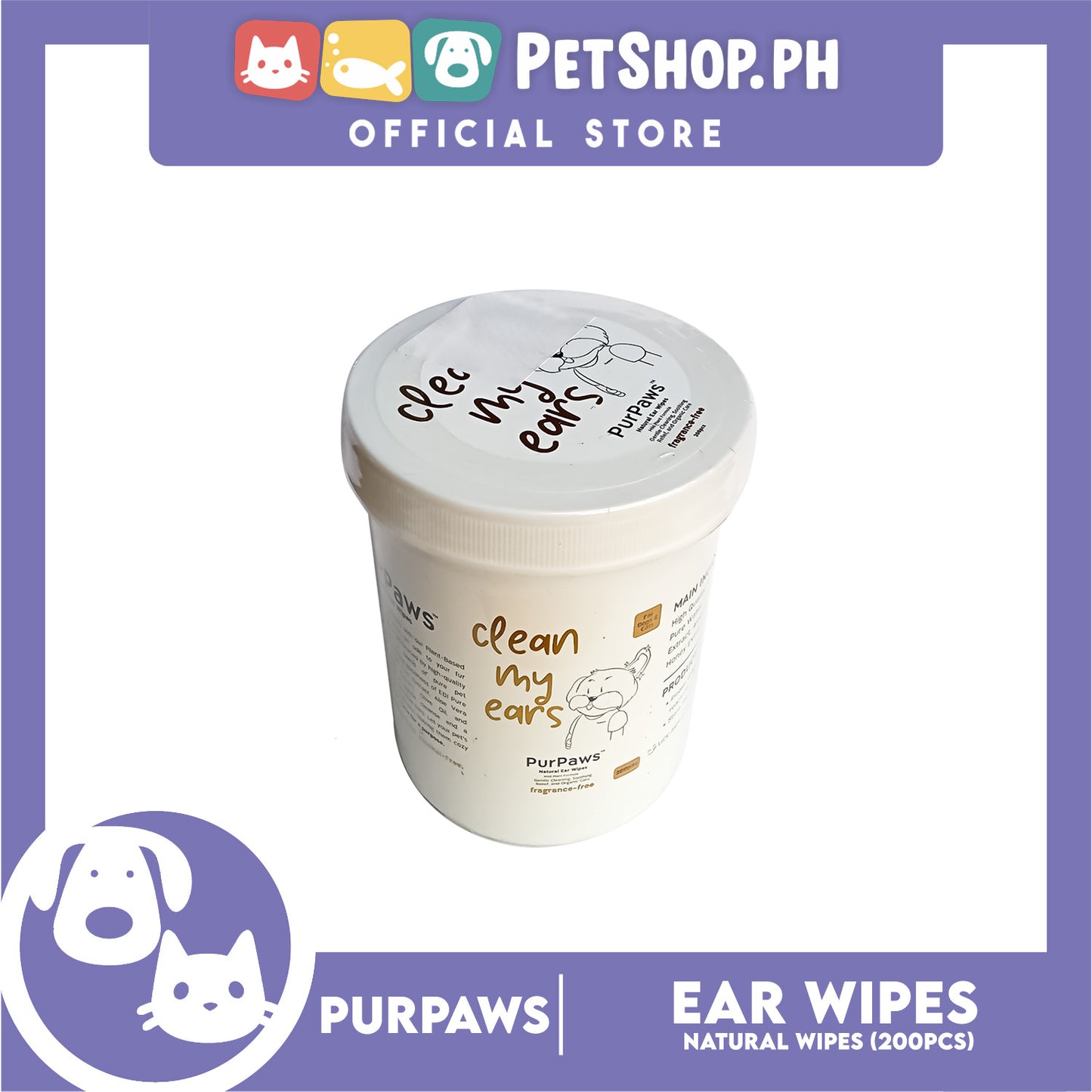Purpaws Clean My Ears Organic Pet Dog Cat Eye Wipes 200pcs Sheets Fragrance-Free