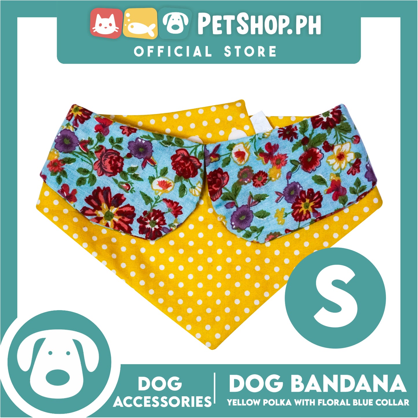 Dog Bandana Yellow Polka with Floral Blue Collar Design (Small) Washable Scarf