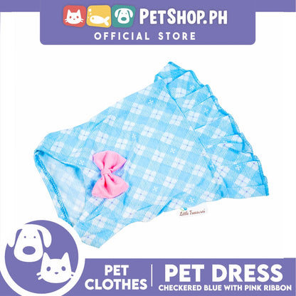 Pet Dress Blue Checkered with Pink Ribbon Pet Clothes (Extra Large) Perfect Fit for Dogs and Cats