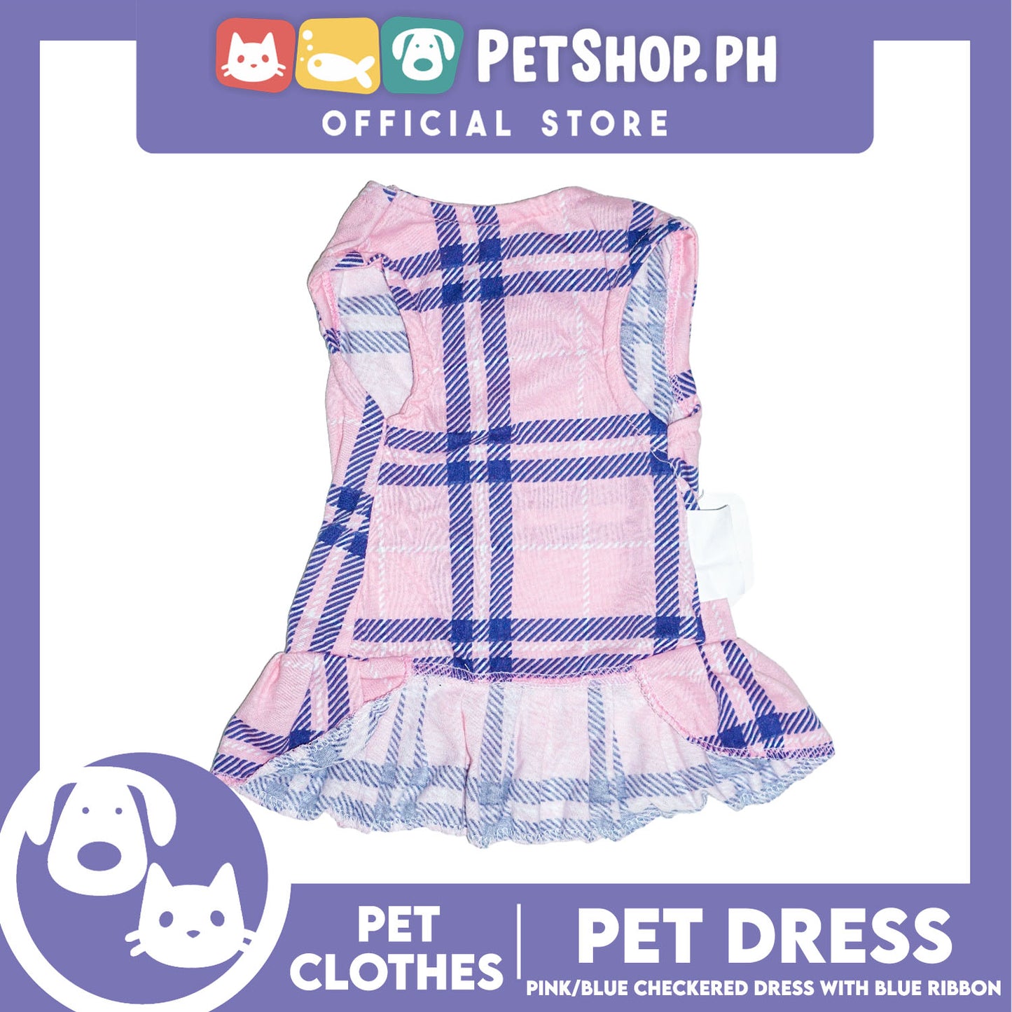 Pet Dress Pink/Blue Checkered Dress with Blue Ribbon (Small) Perfect Fit for Dogs and Cats