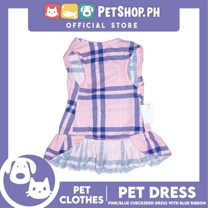 Pet Dress Pink/Blue Checkered Dress with Blue Ribbon (Medium) Perfect Fit for Dogs and Cats