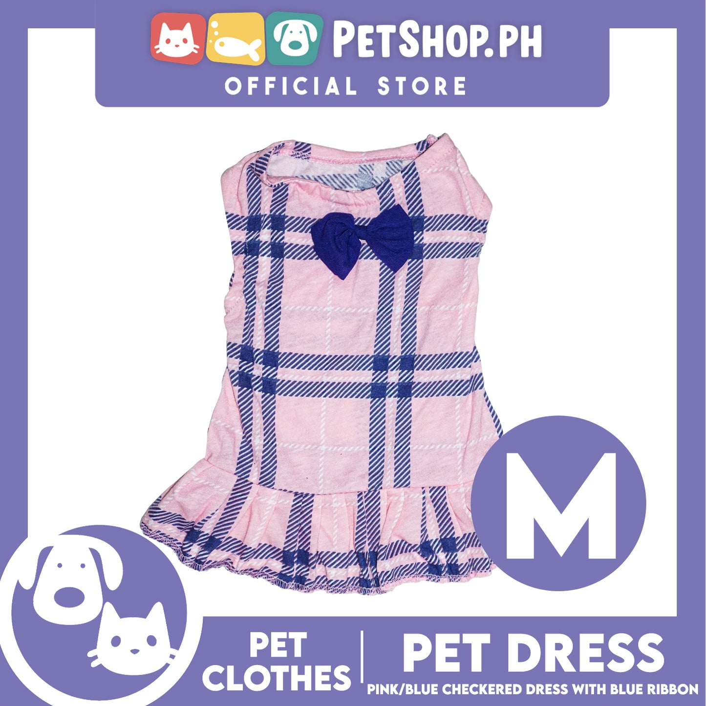 Pet Dress Pink/Blue Checkered Dress with Blue Ribbon (Medium) Perfect Fit for Dogs and Cats