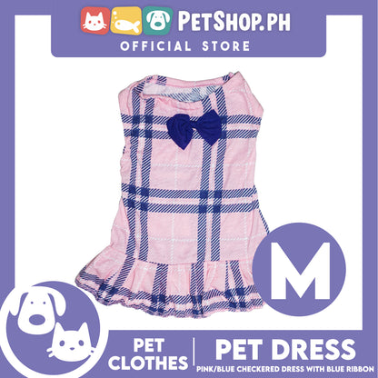 Pet Dress Pink/Blue Checkered Dress with Blue Ribbon (Medium) Perfect Fit for Dogs and Cats