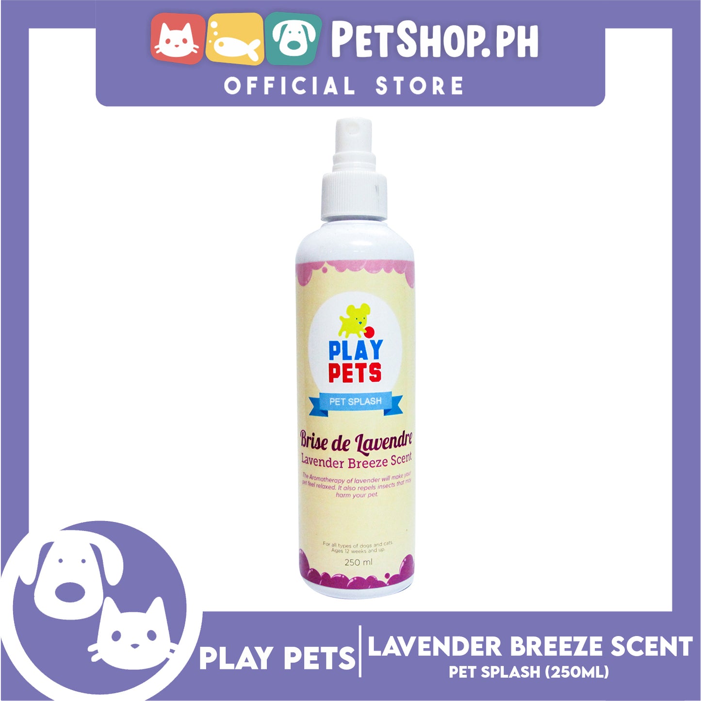 Play Pets, Pet Splash (Lavender Breeze Scent) Pet Cologne 250ml For All Types Of Dogs And Cats
