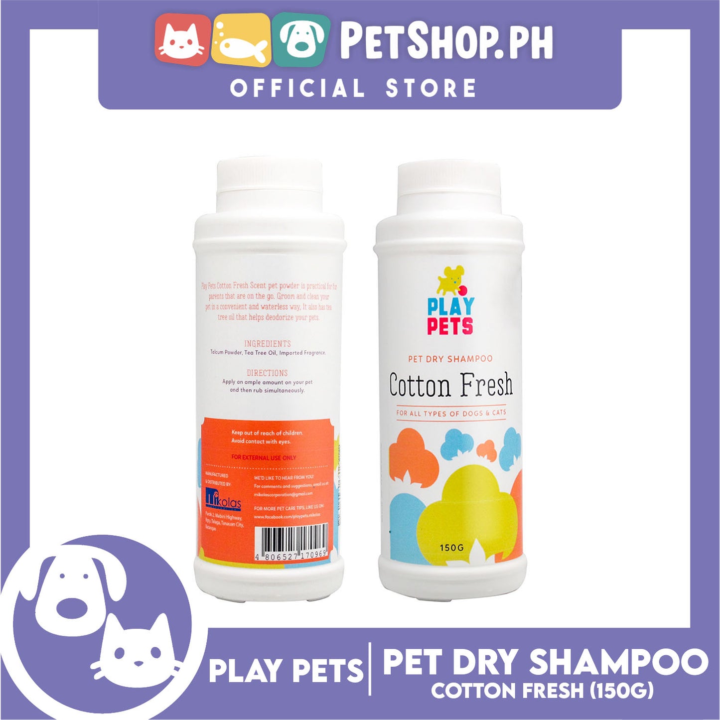 Play Pets Dry Shampoo 150g (Cotton Fresh Scent) For All Types Of Dogs And Cats
