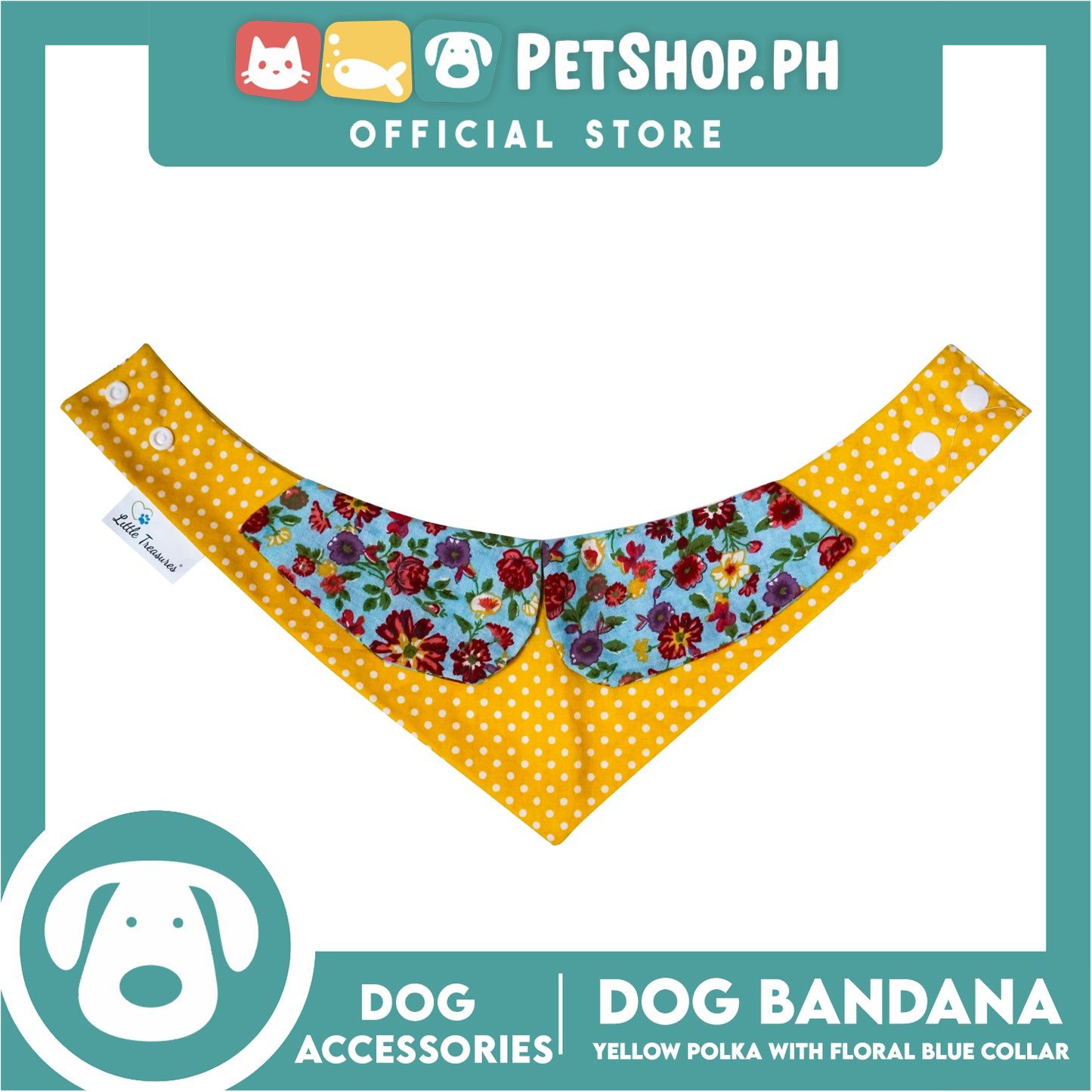Dog Bandana Yellow Polka with Floral Blue Collar Design (Large) Washable Scarf