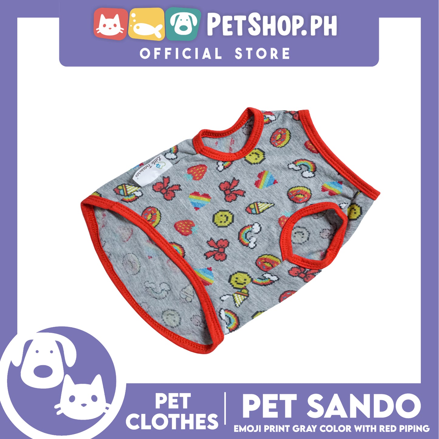 Pet Sando Emoji Print Gray Sando with Red Piping (Large) Perfect Fit for Dogs and Cats