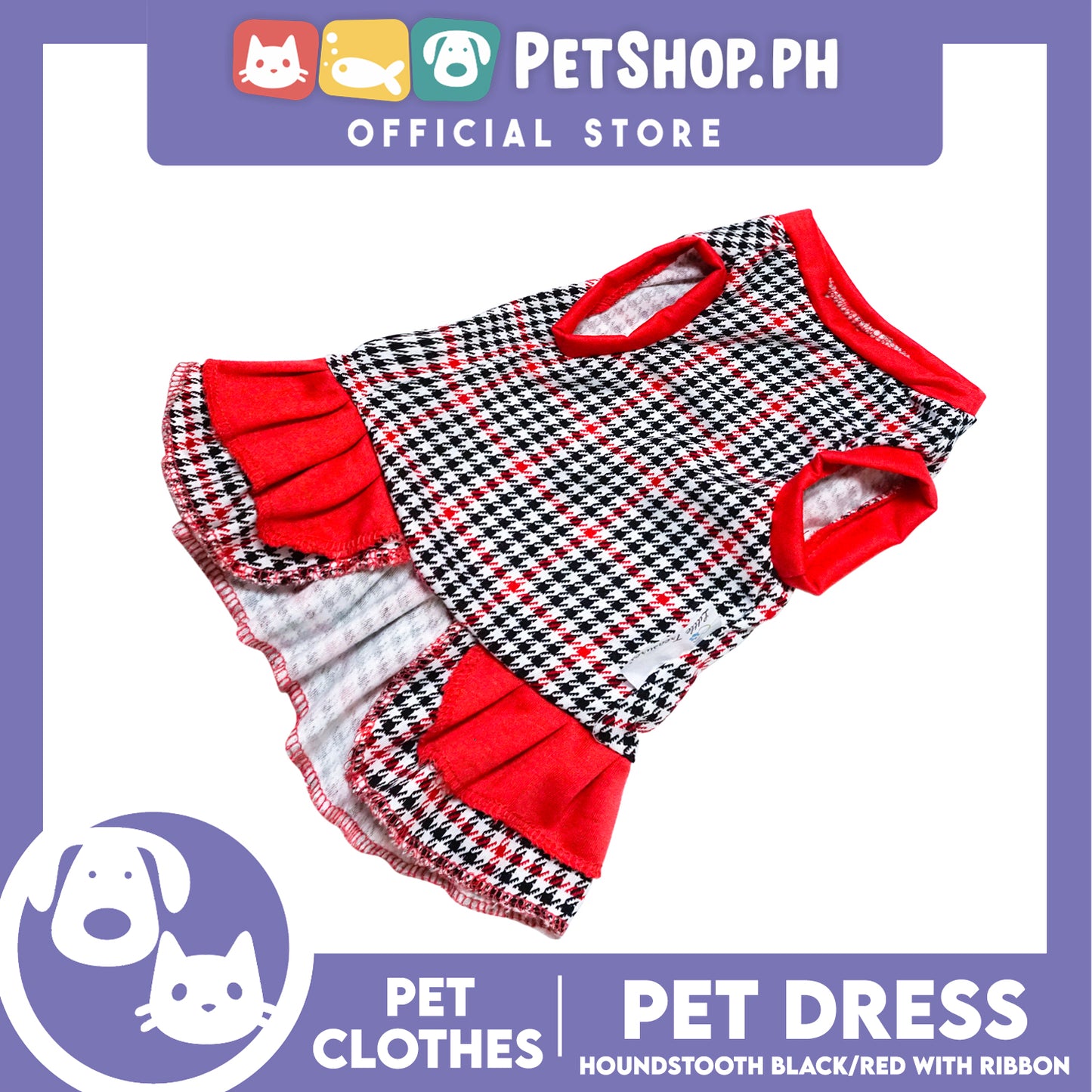 Pet Dress Houndstooth Black/Red with ribbon (Small) Pet Dress Clothes Perfect for Dogs