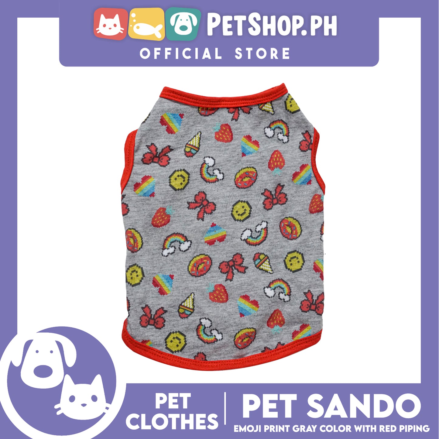 Pet Sando Emoji Print Gray Sando with Red Piping (Small) Perfect Fit for Dogs and Cats