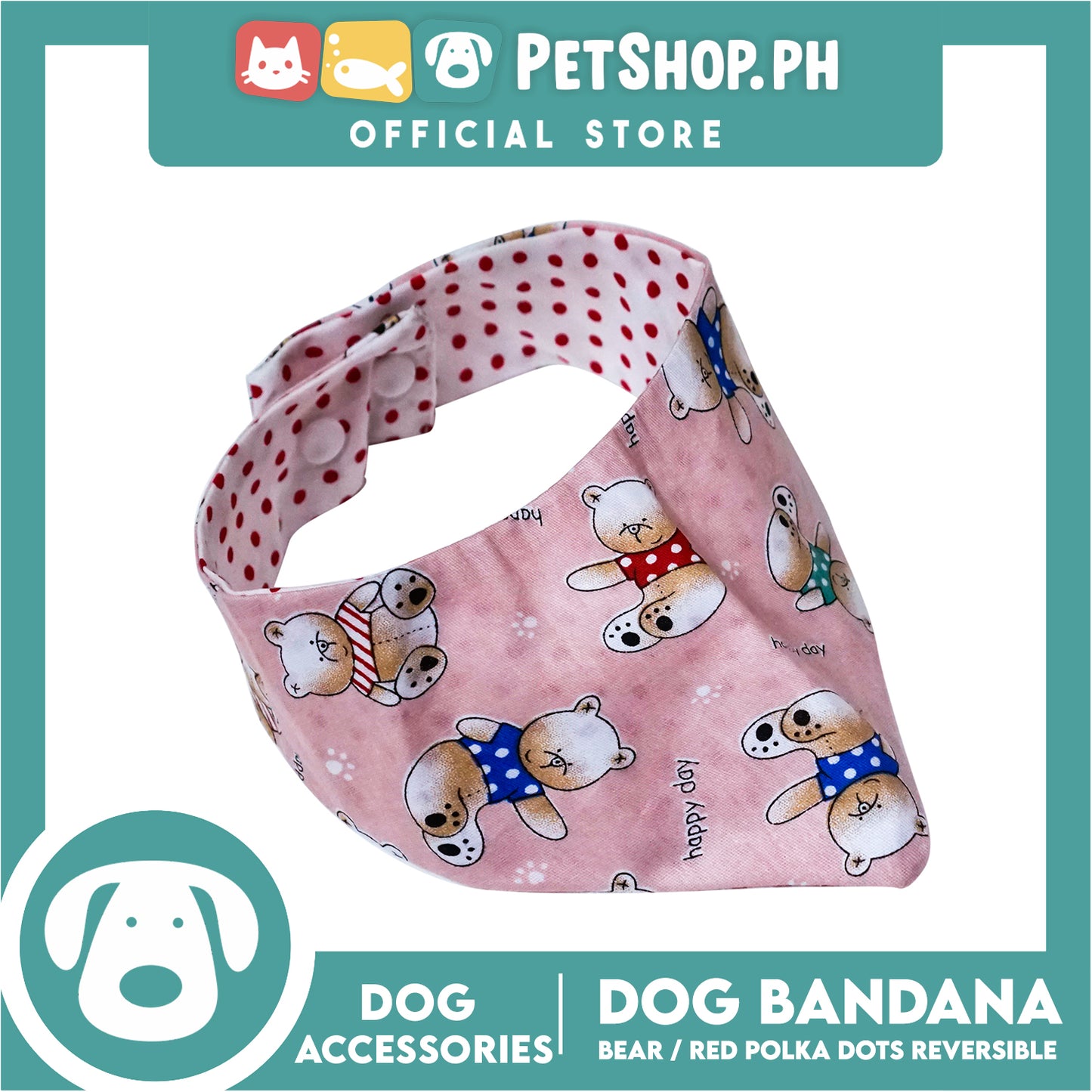 Dog Bandana Bear with Red Polka Dots Design Reversible (Large) Washable Scarf