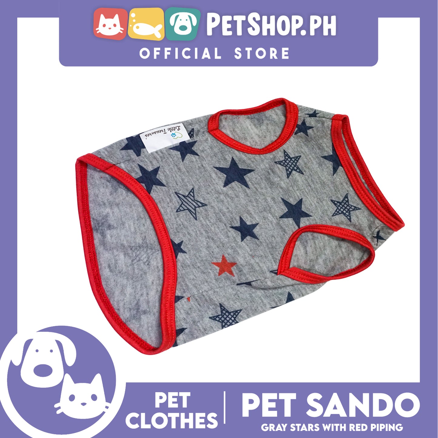 Pet Sando Gray Stars with Red Piping (Medium) Pet Shirt Clothes Perfect fit for Dogs
