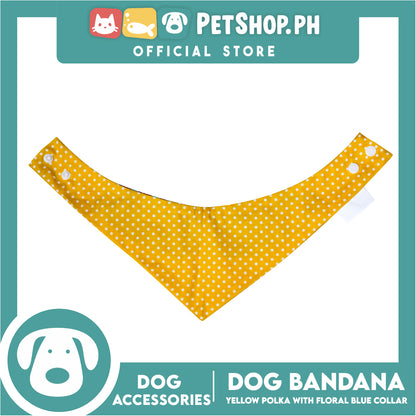 Dog Bandana Yellow Polka with Floral Blue Collar Design (Large) Washable Scarf