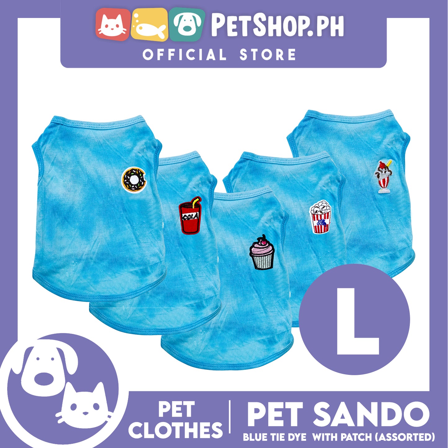 Pet Sando Blue Tie Dye with Assorted Patch Design (Large) Pet Shirt Clothes Perfect for Dogs
