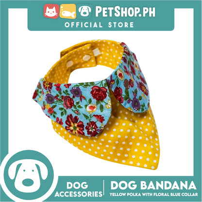 Dog Bandana Yellow Polka with Floral Blue Collar Design (Large) Washable Scarf