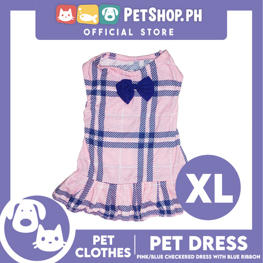 Pet Dress Pink/Blue Checkered Dress with Blue Ribbon (Extra Large) Perfect Fit for Dogs and Cats