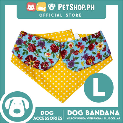 Dog Bandana Yellow Polka with Floral Blue Collar Design (Large) Washable Scarf